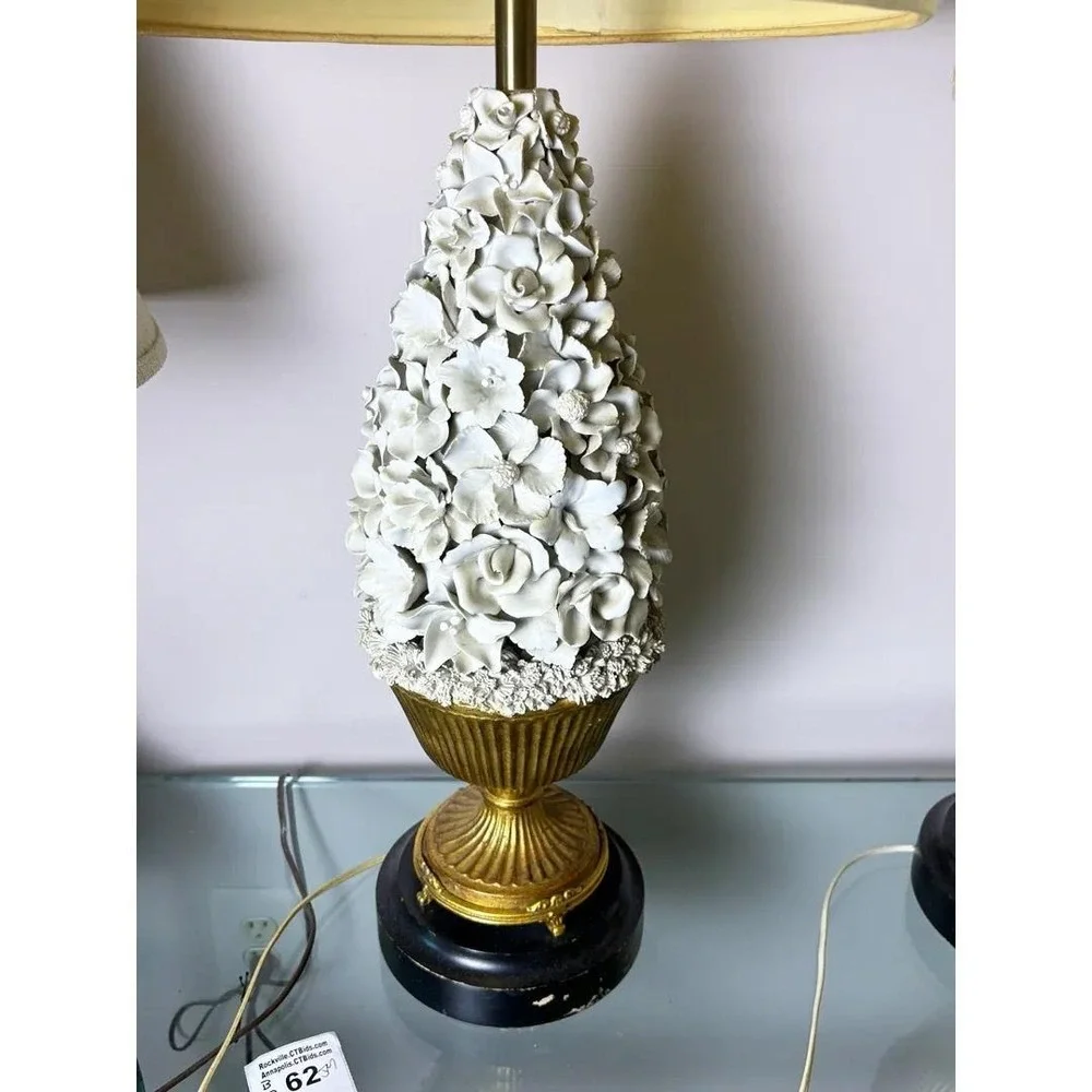Rare Pair Vintage Porcelain Floral Table Lamps Ceramic‎ Casa Pupo Manises